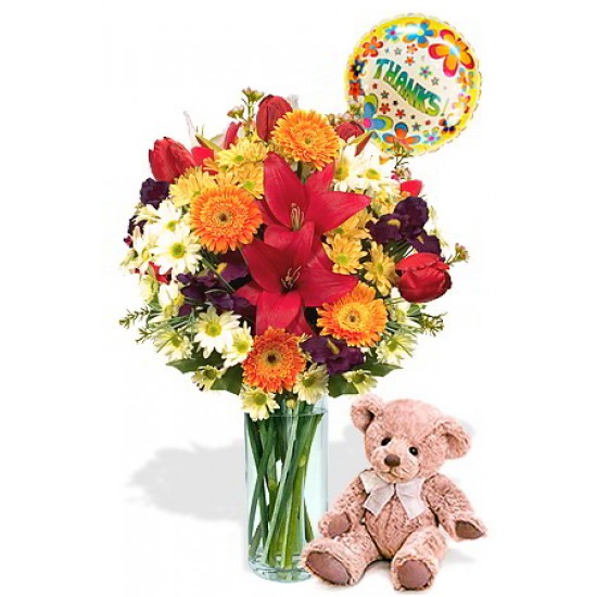 Mixed bouquet package , Medium teddy Bear and Helium Balloon